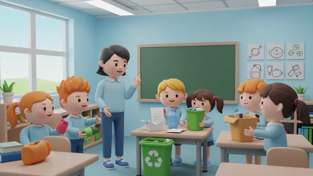 Engaging Educational Activity on Recycling: A Classroom Full of Kids Learning Together From Their Teacher About Environmental Sustainability and Importance of Recycling Practices