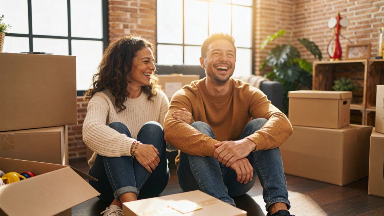 Sharing laughter, couple in sweaters sitting on living room floor among moving boxes, leaning close