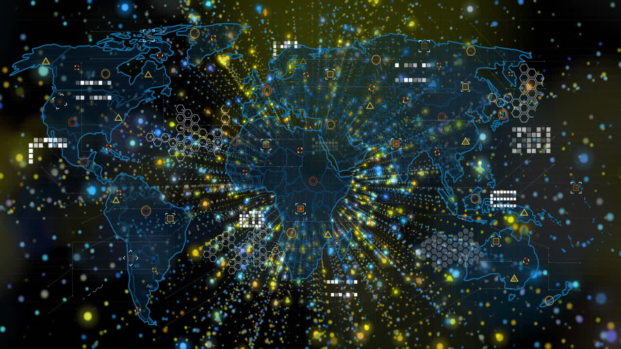 Animation showing digital world map with glowing data points and network connections