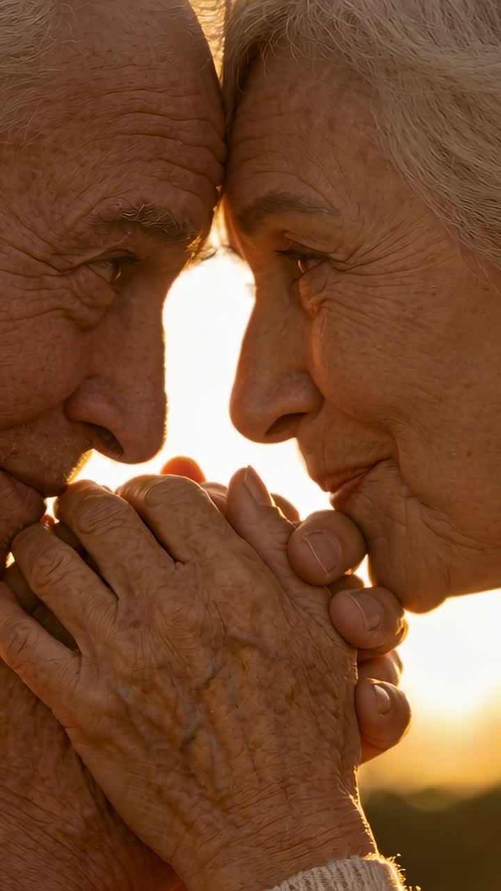 Video verticale: Anziani che si tengono per mano, si avvicinano e mostrano amore per la salute con un bagliore sulle mani.
