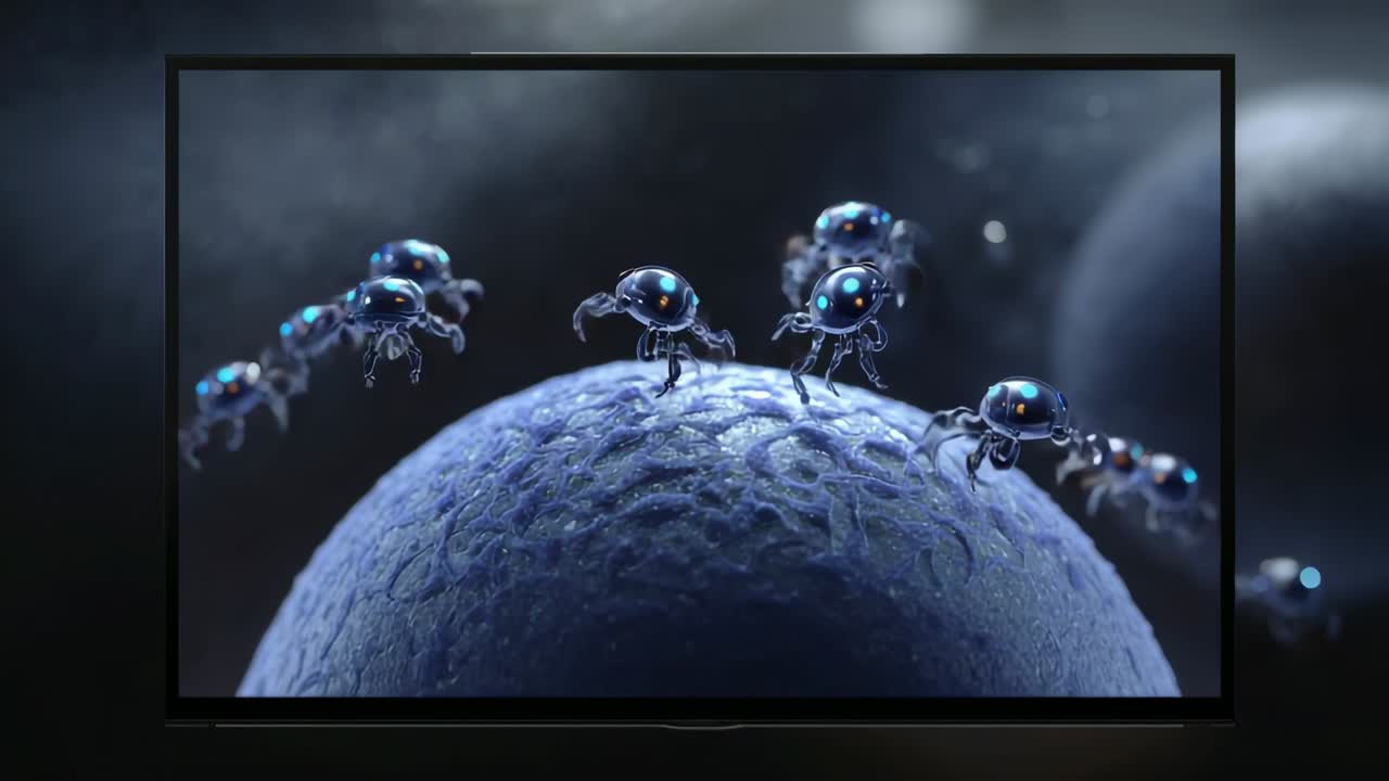 Pulsing rectangular display, metallic orb robots hovering, landing, scanning textured blue sphere