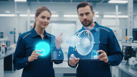 engineers collaborate in a high-tech laboratory, utilizing augmented reality to design and innovate aviation turbine technology and improve performance metrics