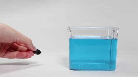 a hand drops a black button into a clear container of blue liquid, demonstrating buoyancy and sinking