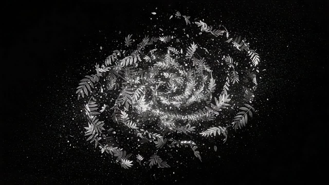 A Captivating Spiral of Leaves and Dynamic Particles, Creating a Mesmerizing Visual Representation of Natural Motion Against a Dark Background