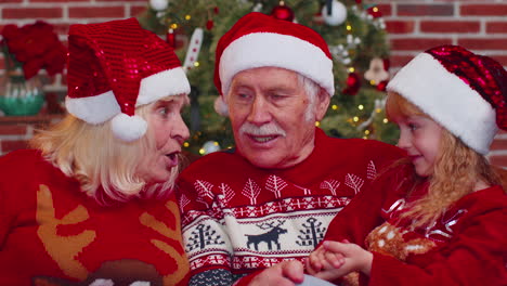 Felices-Abuelos-Mayores-Con-Nieta-Disfrutando-De-Una-Agradable-Conversación-En-La-Sala-De-Navidad