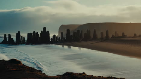 dramatic sea stacks on a coastal beach at golden hour