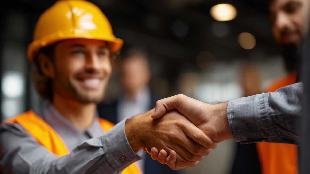 Um trabalhador da construção civil com equipamentos de segurança cumprimenta um colega, simbolizando colaboração e trabalho em equipe no ambiente de trabalho, transmitindo confiança e profissionalismo em um ambiente moderno.