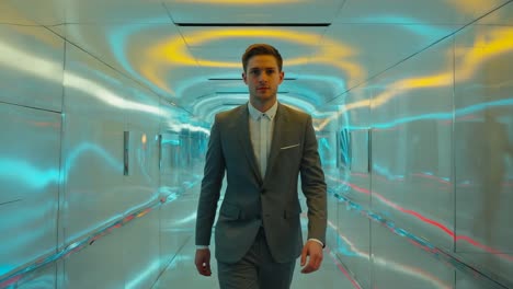 a man in a suit walking in a futuristic tunnel