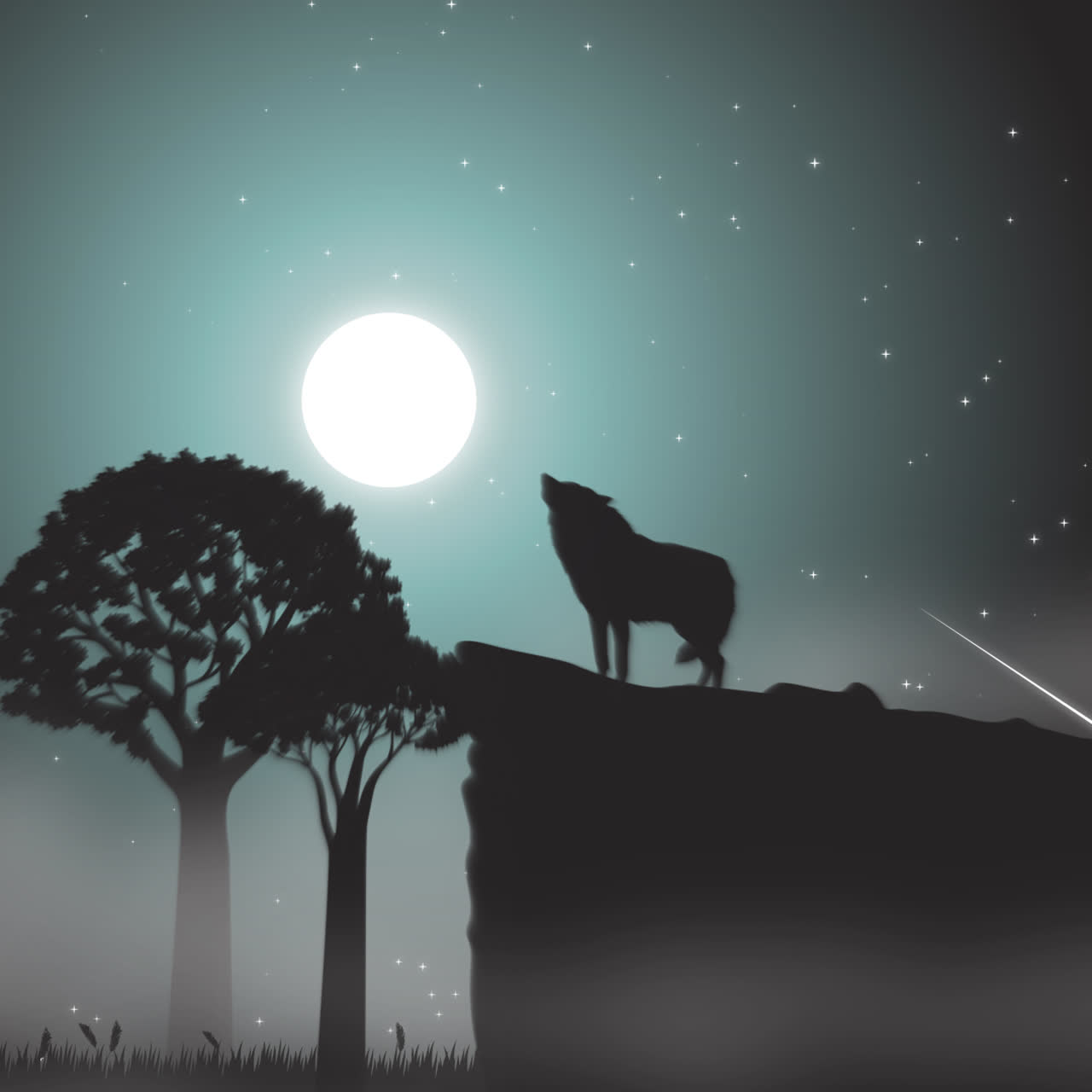 Silhouette of a Wolf Howling at the Moon