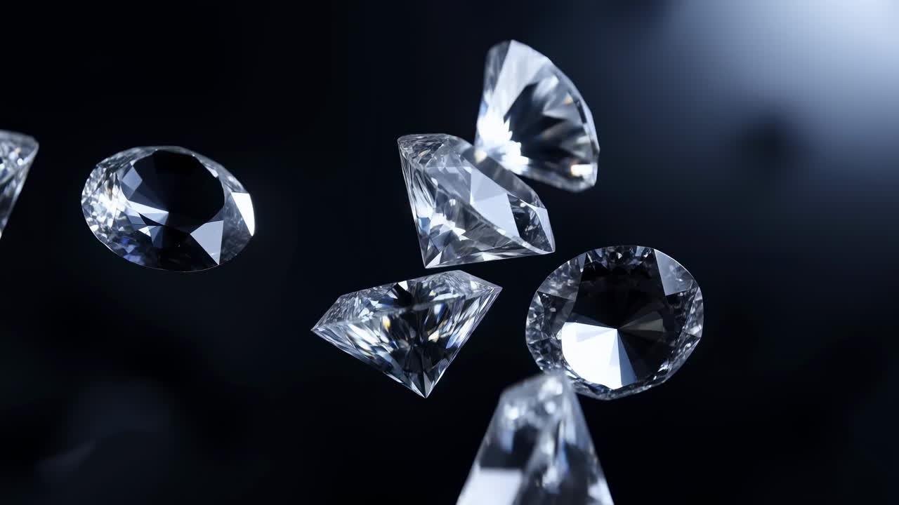 Diamanti brillanti che fluttuano e ruotano su uno sfondo scuro.