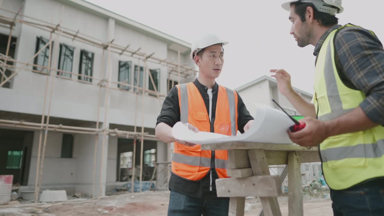 ingeniero civil o arquitecto explicando y discutiendo con el contratista sobre el diseño de estilos de construcción en planos e inspeccionando la construcción de proyectos de vivienda. trabajo de trabajador en el negocio inmobiliario.