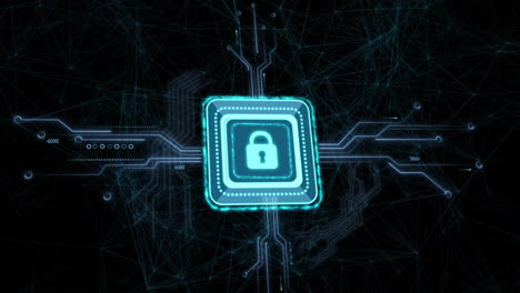 Animation of network of connections with padlock over shapes