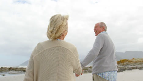 vista trasera de una vieja pareja caucásica caminando de la mano en la playa 4k
