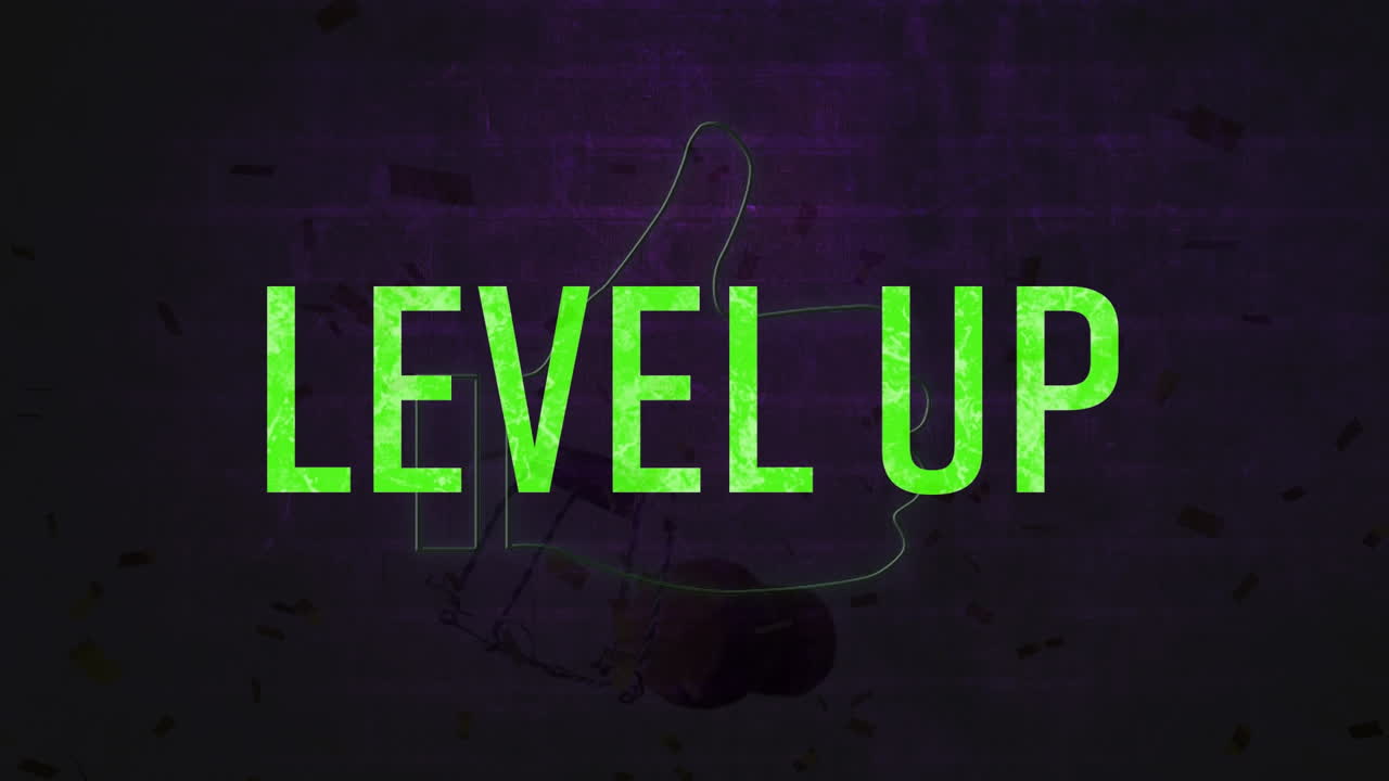 animación de banner de texto de nivel verde sobre verde neón como icono contra la pared de ladrillo gris