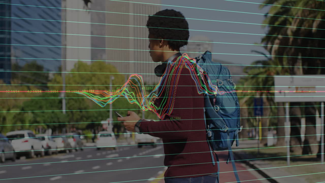 Male commuter tapping phone while walking city street, causing tech waveform overlay tracking route