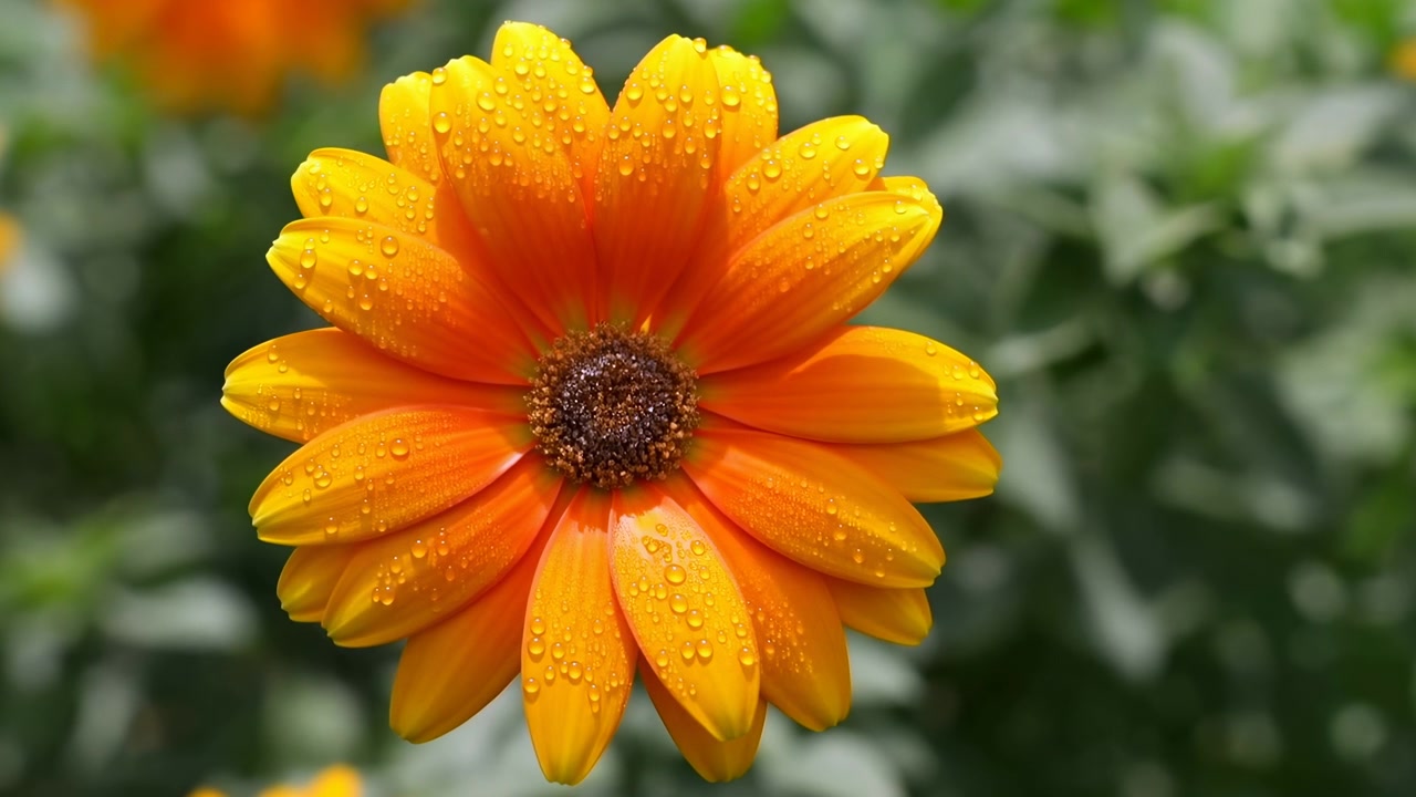 Una vista ravvicinata cattura un fiore d'arancio con goccioline d'acqua sui petali mentre il fiore rimane immobile contro la vegetazione frondosa, con una delicata luce diurna, un aspetto di profondità di campo ridotta e una texture organica dettagliata visibile.