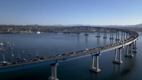 aerial view of coronado bridge with traffic over san diego bay