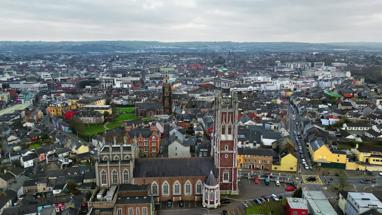 Aerial drone view of St. Mary's Church in Dublin's city center with surrounding historic and modern buildings