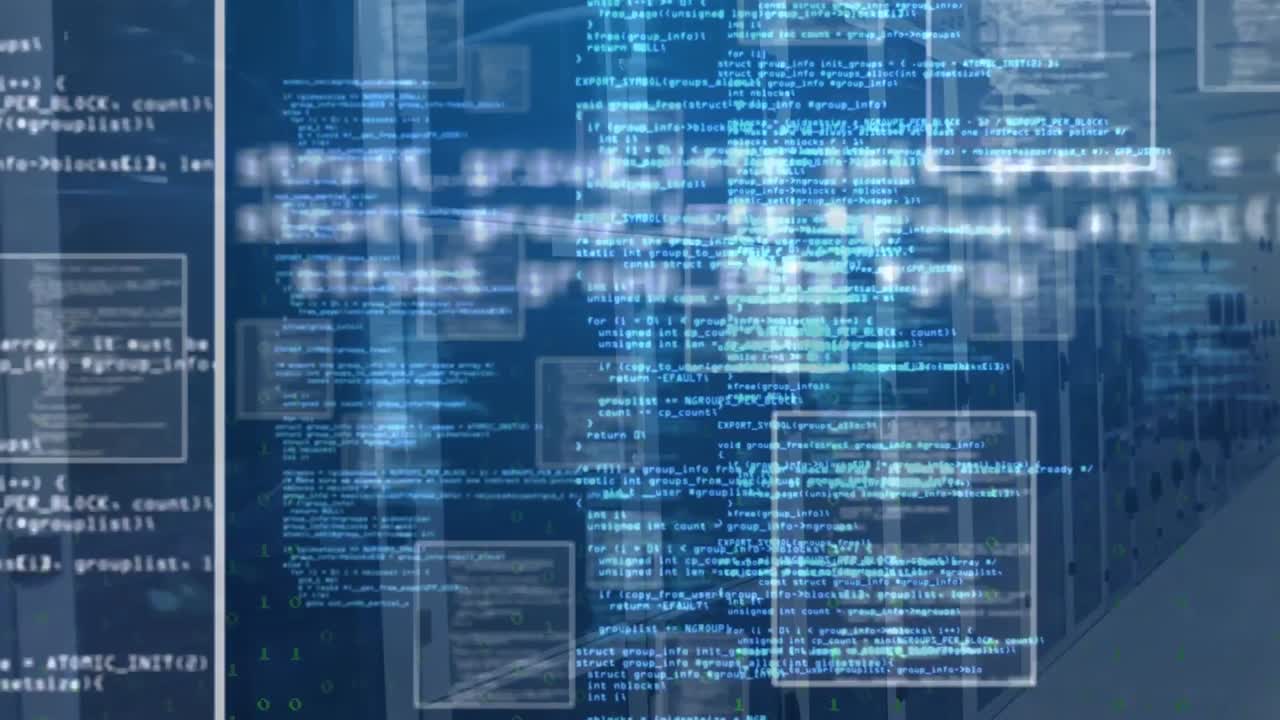 Animation of squares and computer language over binary codes against server room