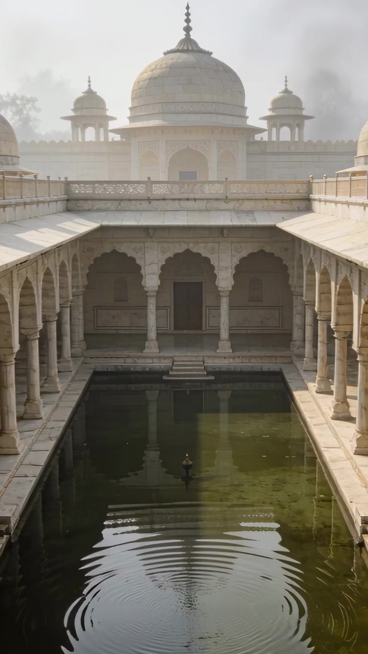 Vidéo verticale: Bassin ondulant déformant le reflet d'un dôme provenant d'une buse de fontaine dans une cour