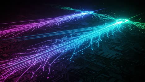 dynamic fusion of colorful light streams creating tech-inspired patterns in a futuristic, abstract landscape of circuitry and data transmission
