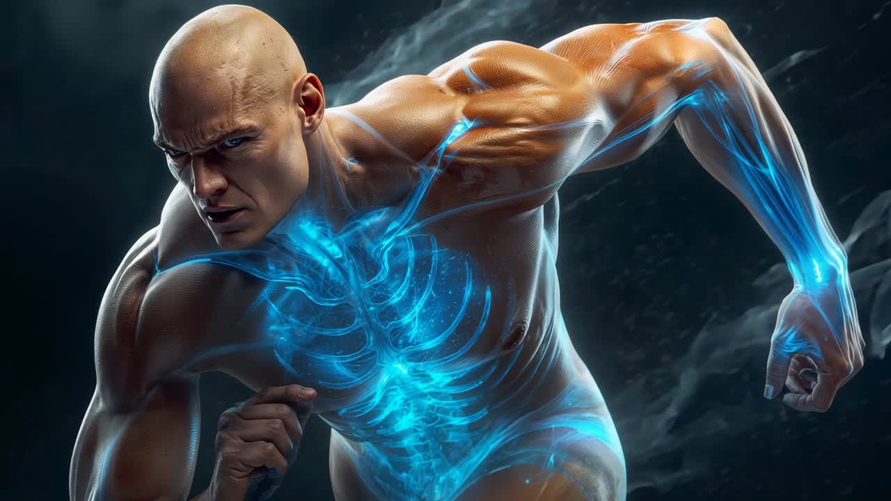 Primo piano di uomo calvo in pantaloni attillati che si lancia in uno studio, con bagliore anatomico blu e fumo