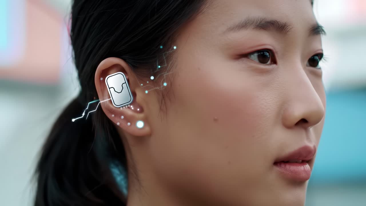 A Close-Up Shot of a Young Woman Wearing a Cutting-Edge Wireless Earbud with Futuristic Technology Visual Effects Highlighting Connectivity and Interaction