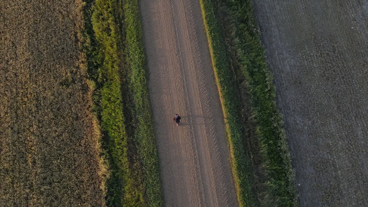 시골 앨버타에서 곧고 먼지가 많은 시골길을 따라 저녁 산책을 하는 청년