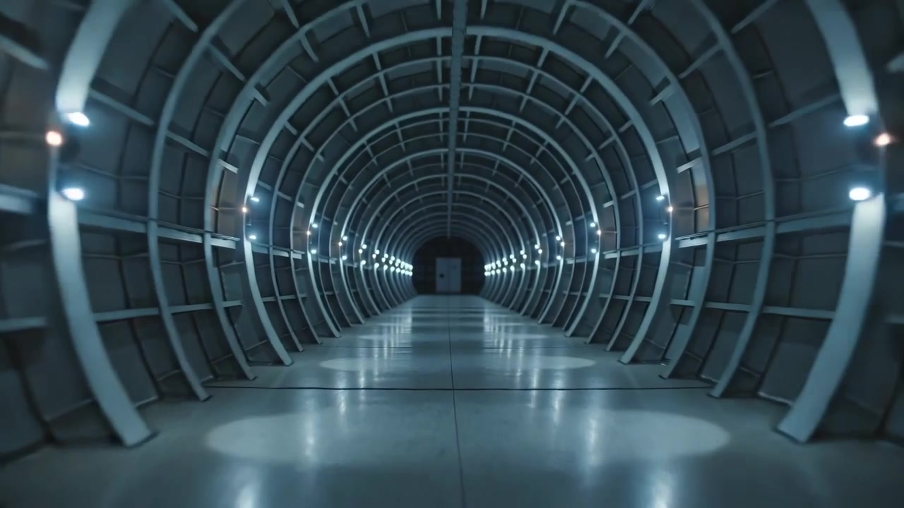 Moving camera advancing through metal tunnel in plant toward dark hatch showing ribs, lights