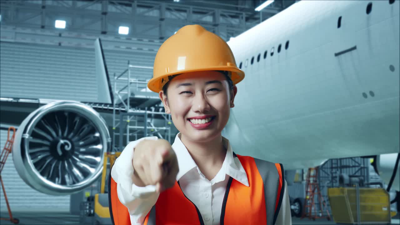 안전 헬을 입은 아시아 여성 엔지니어가 거에 있는 항공기와 함께 서서 웃고 가을 만지며 항공기 유지보수를 하는 동안 당신을 가리키고 있습니다.