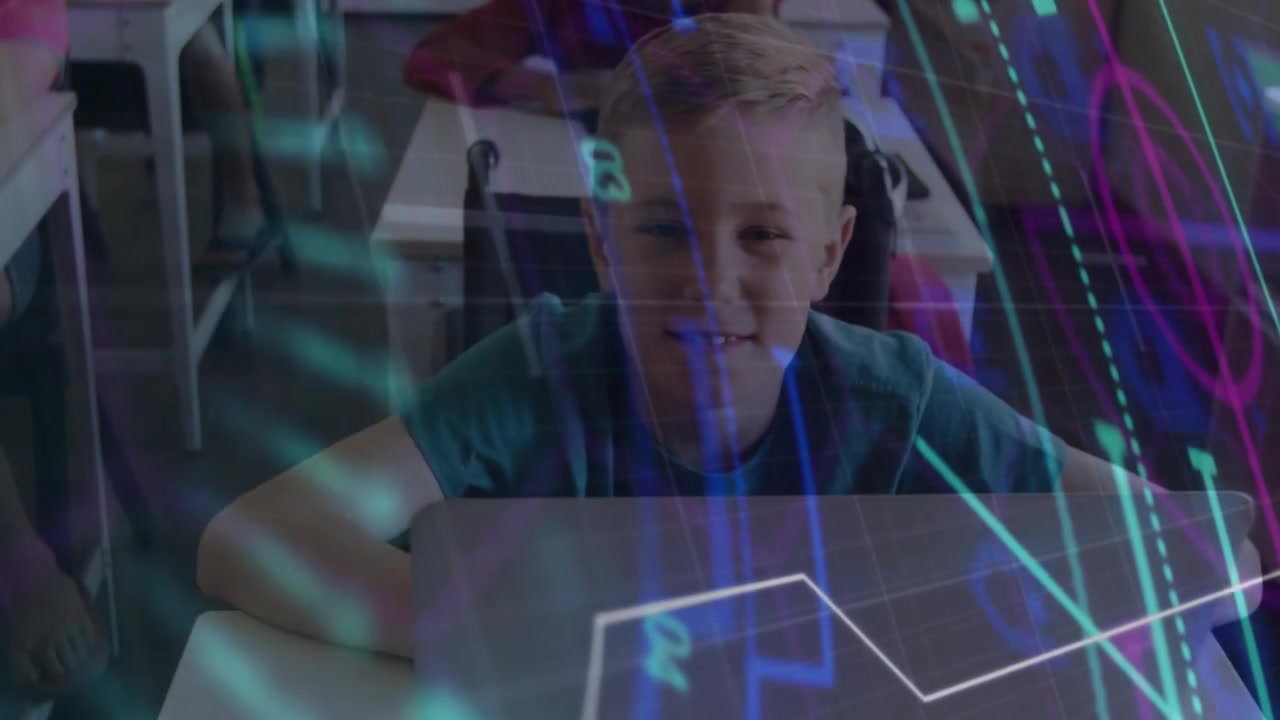 Boy in teal tee sitting at desk, neon overlay initiating sweep over face, desk, visualizing lesson