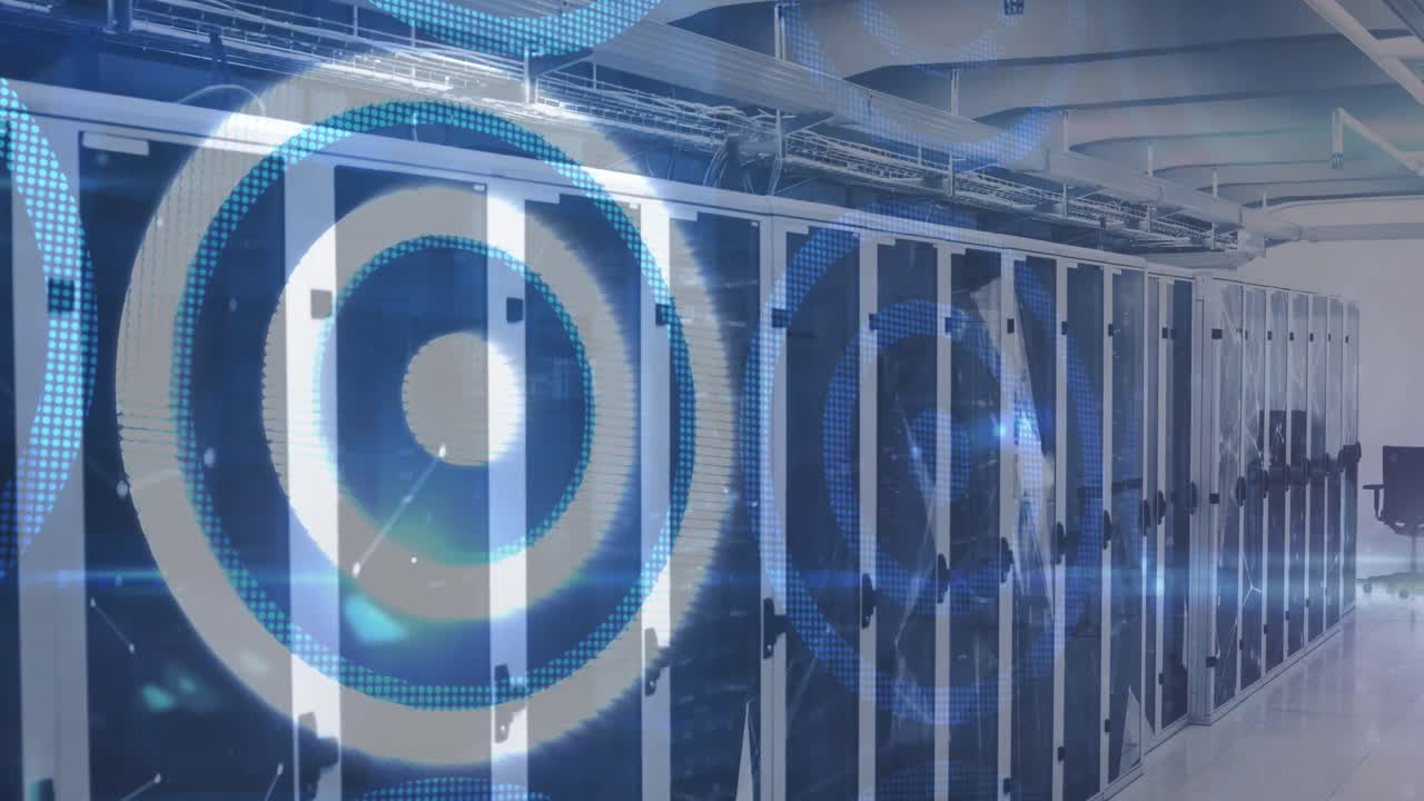 Animation of blue and white circles over an empty server room