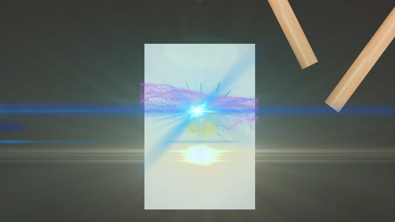 Animation of light trails over shapes and light bulb on black background