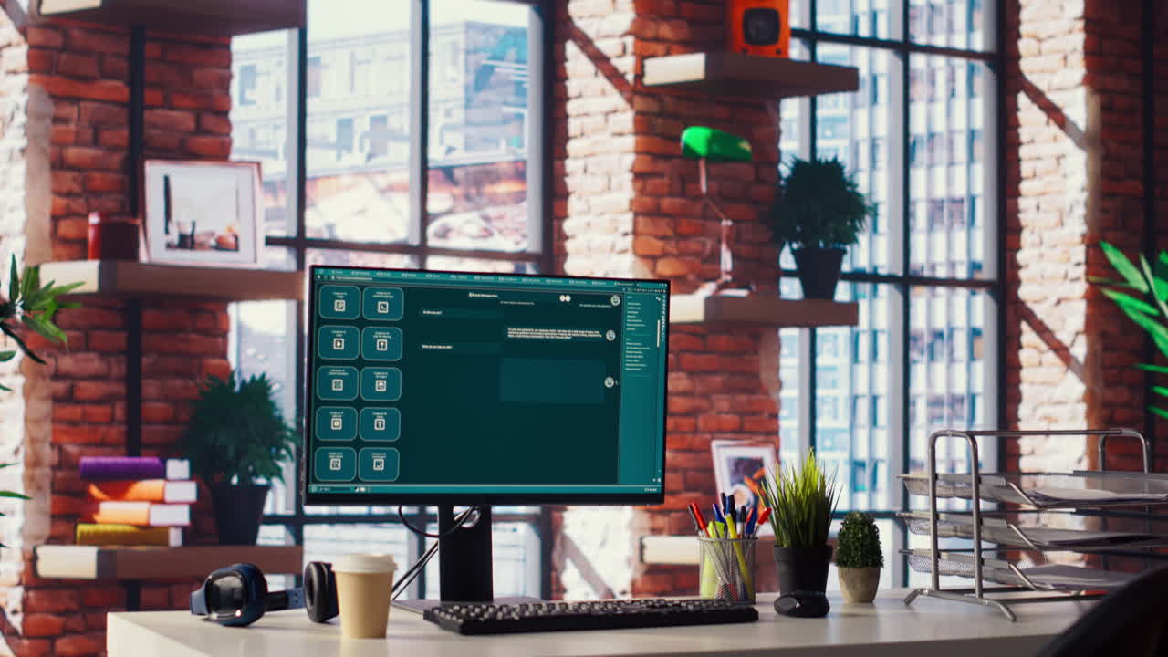 Focus on AI LLM chatbot PC GPT software on PC monitor in modern home office