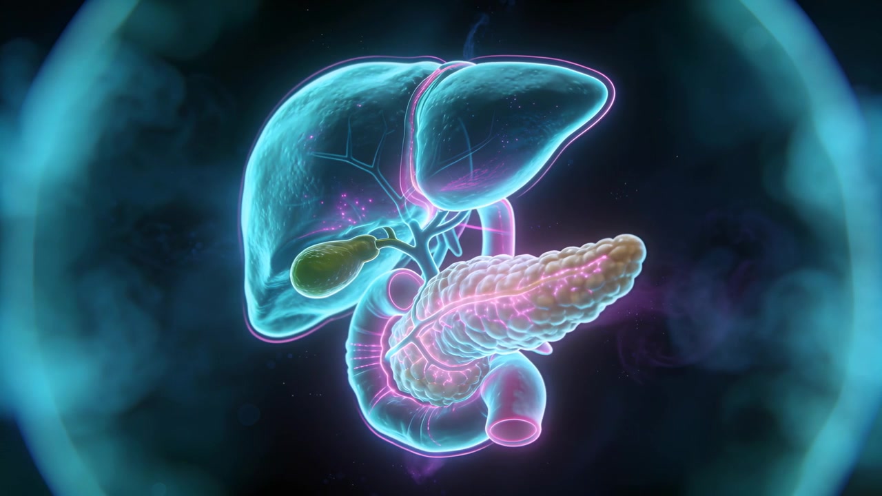 Pulsing anatomy model showing bile moving along ducts near liver, pancreas, duodenum in dark studio