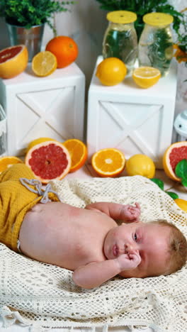 cute newborn in yellow pants only lies on the knitted pillow. baby's studio video in the surrounding of citruses and green plants. vertical video