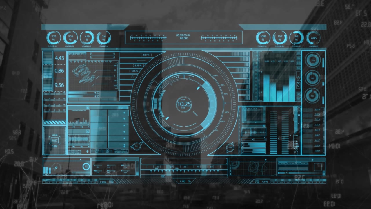 A blue technology interface with moving dials and graphs on an invisible background