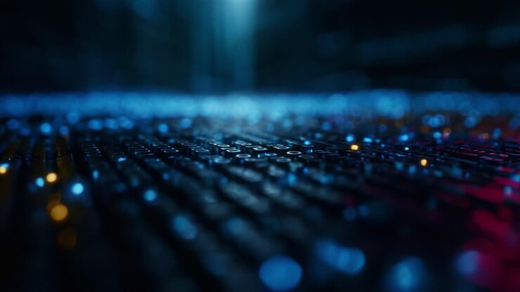 Dynamic View of Shimmering Data Patterns Illuminating a Digital Surface with Ambient Light, Capturing the Essence of Technology's Intricate Details and Movement