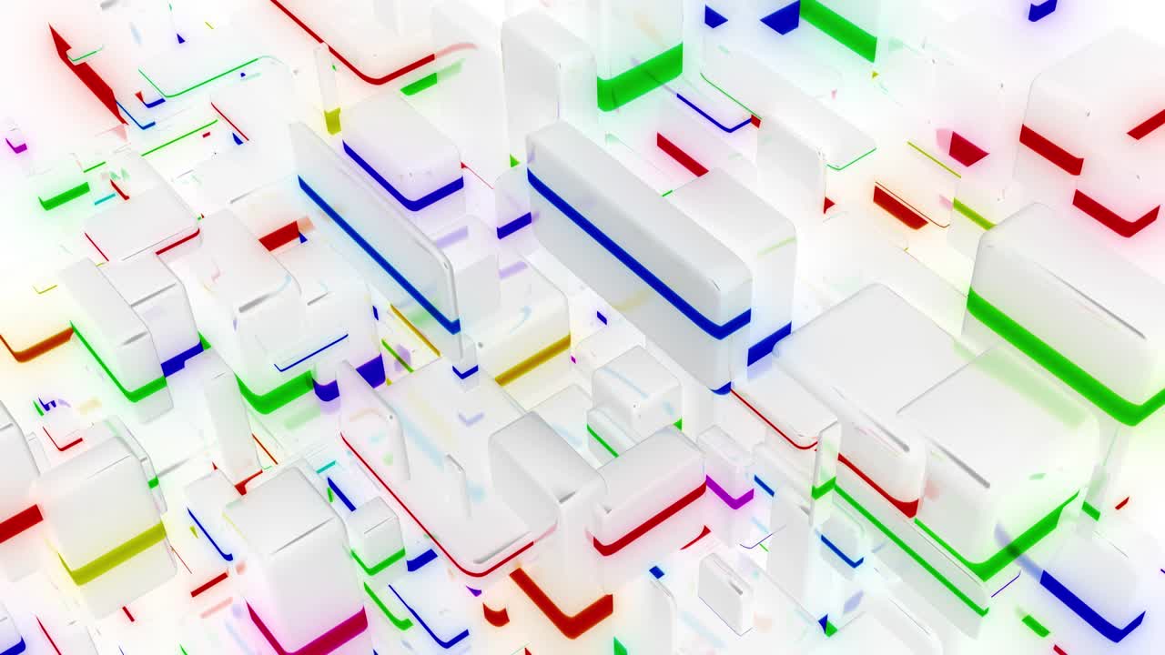 fondo de luz 4k en bucle abstracto con red de bloques blancos de diferentes tamaños, algunos con brillo multicolor. visualización de trabajar con big data o tecnología blockchain. vidrio mate blanco