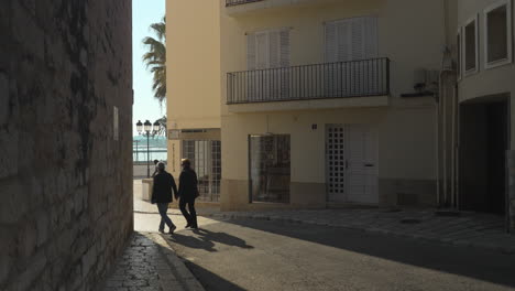 a couple walks on street as their shadow follows, sun cast strong light creating silhouettes of people