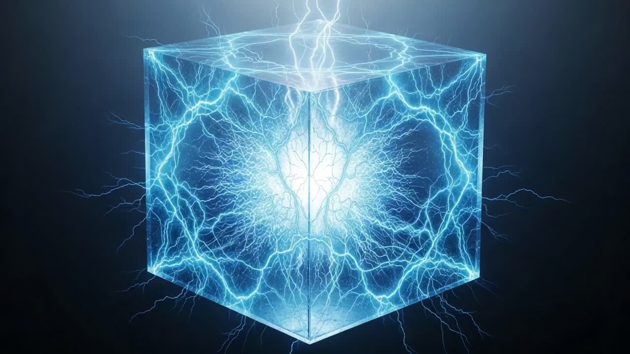 Dynamic Energy Sphere within a Transparent Cube: A Visual Exploration of Electric Forces and Radiant Light Emitting from an Encapsulated Core