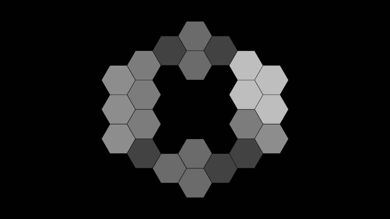 Flashing geometric composition of white and grey hexagons on black background
