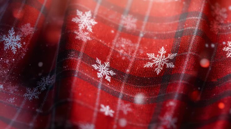 Luce intensa che crea un tessuto a quadri rosso ondulato in studio con fiocchi di neve e sfere fluttuanti