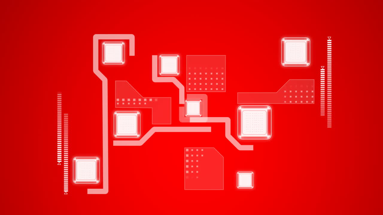 연결 네트워크와 데이터 처리의 애니메이션이 빨간색 배경에 있습니다.