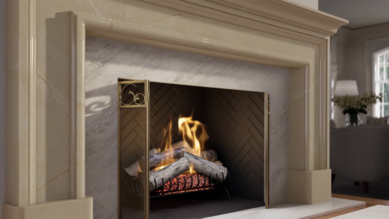 Elegant Marble Fireplace with Burning Logs