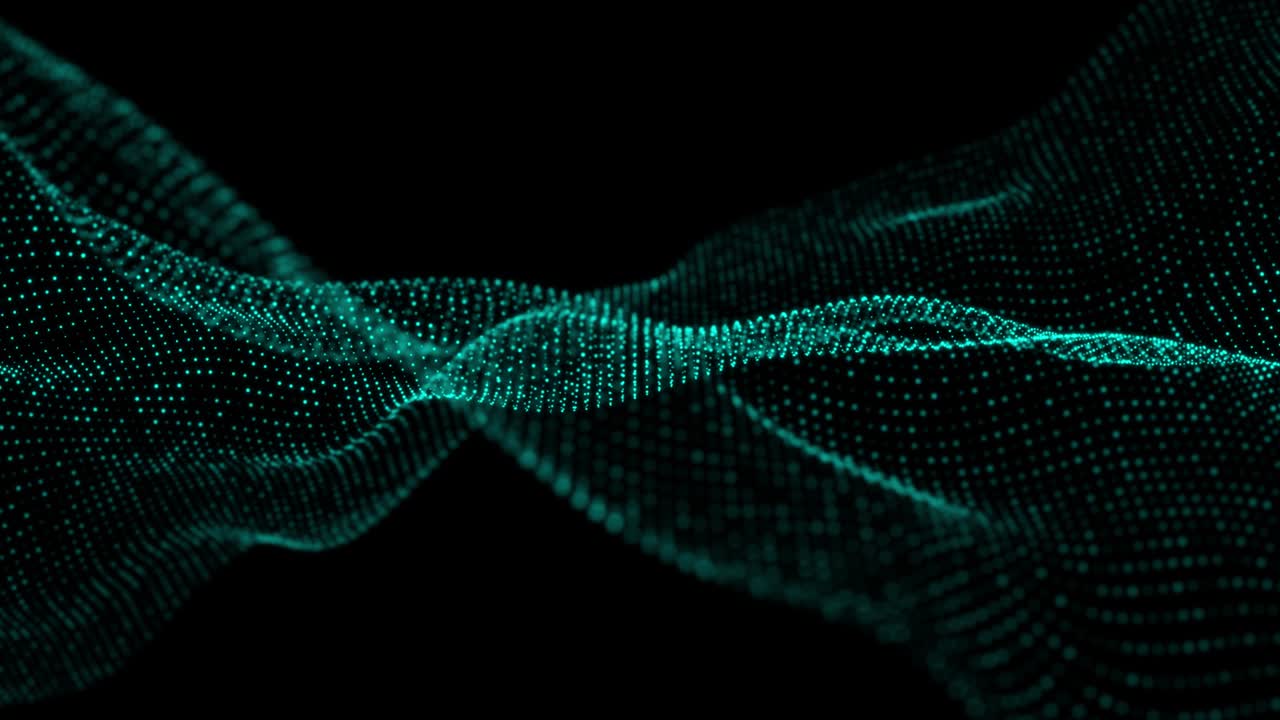 4K, Data movements of dust particles floating in infinity, Seamless Loop. Technology digital wave background concept.Beautiful motion waving dots texture with glowing defocused particles. Cyber or technology background. Blue Color