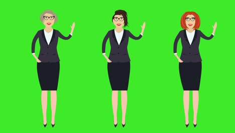 set of 3 business women, hello welcoming gesturing by hand, cartoon animation, green screen chroma key