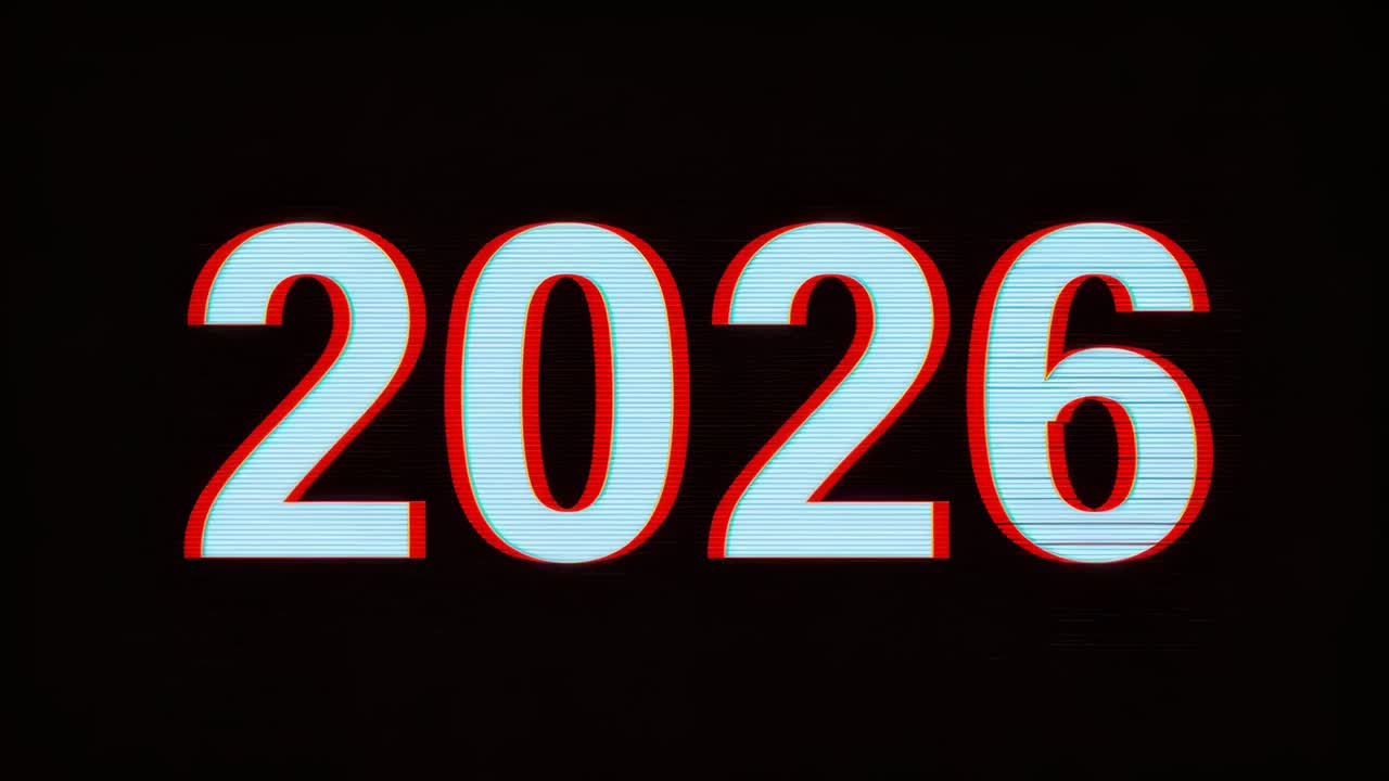 Titolo numerico variabile 2026 che cambia tonalità con uno spostamento di colore che parte da una schermata nera, con contorno rosso