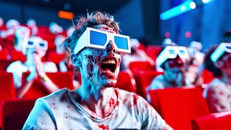 a man in 3d glasses with blood on his face in a movie theater