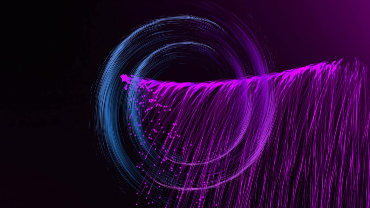 Animation of colourful light trails and spots forming circles on black background